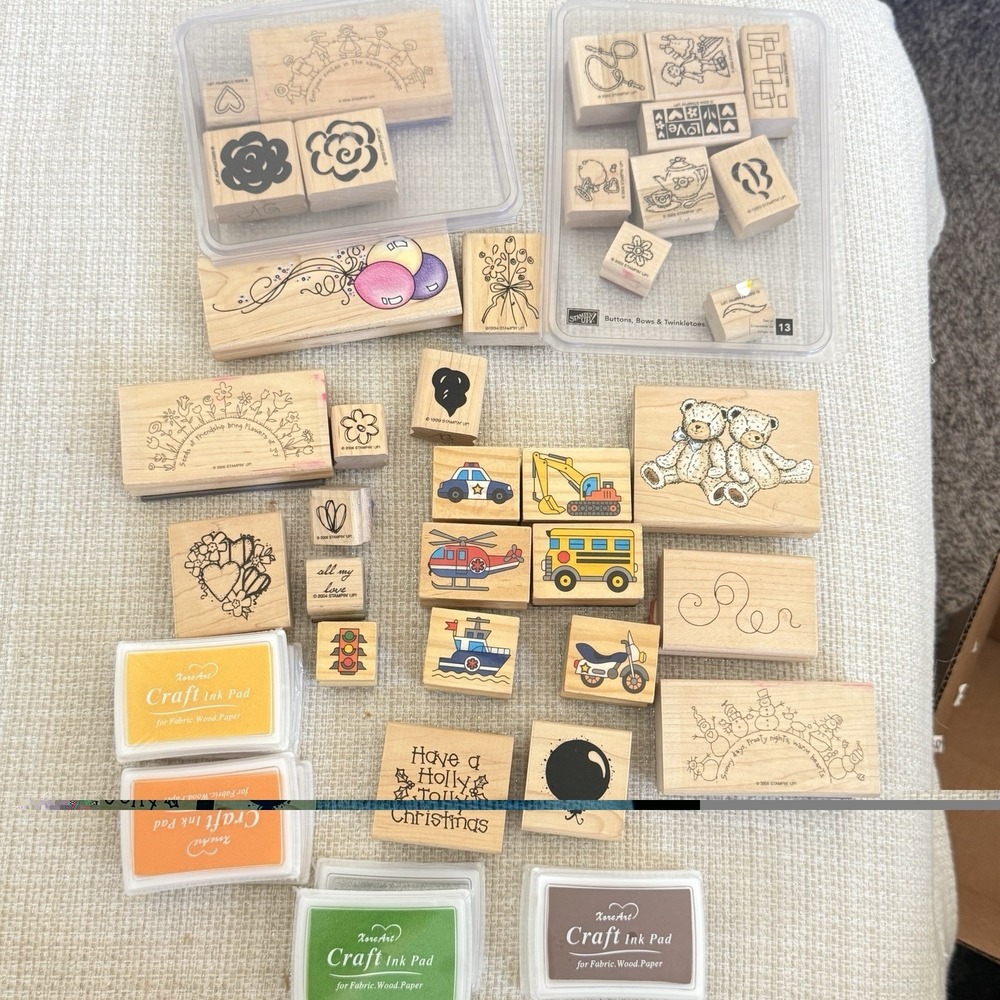 Vtg‎ Wood Rubber Stamps Mixed Lot 33 Kids Garden Balloons Tea Party Hearts Bears